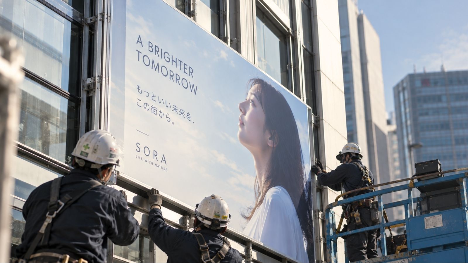 広告看板の設置をする作業員