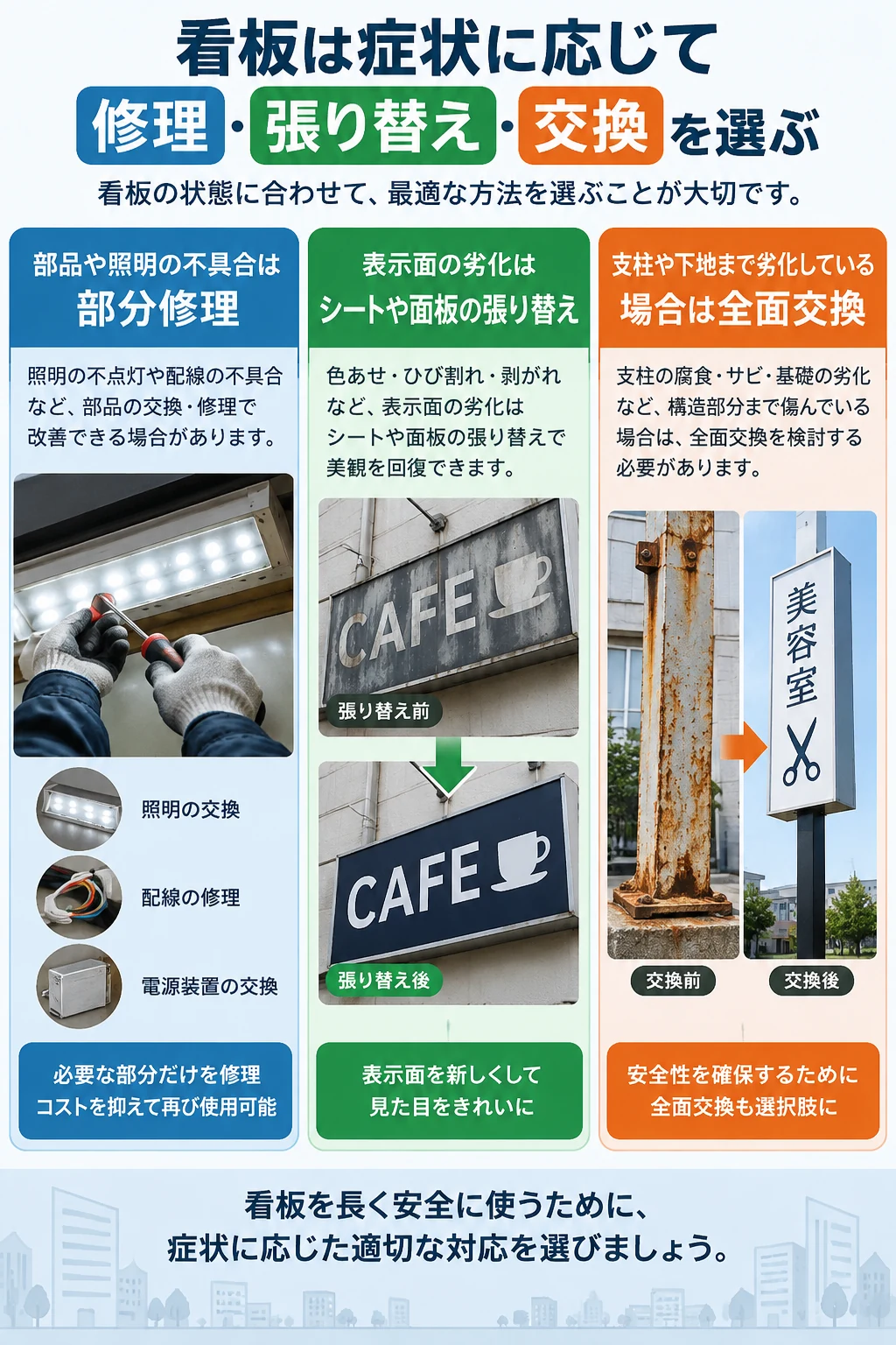 看板の症状に応じた修理・貼り替え・交換の選び方