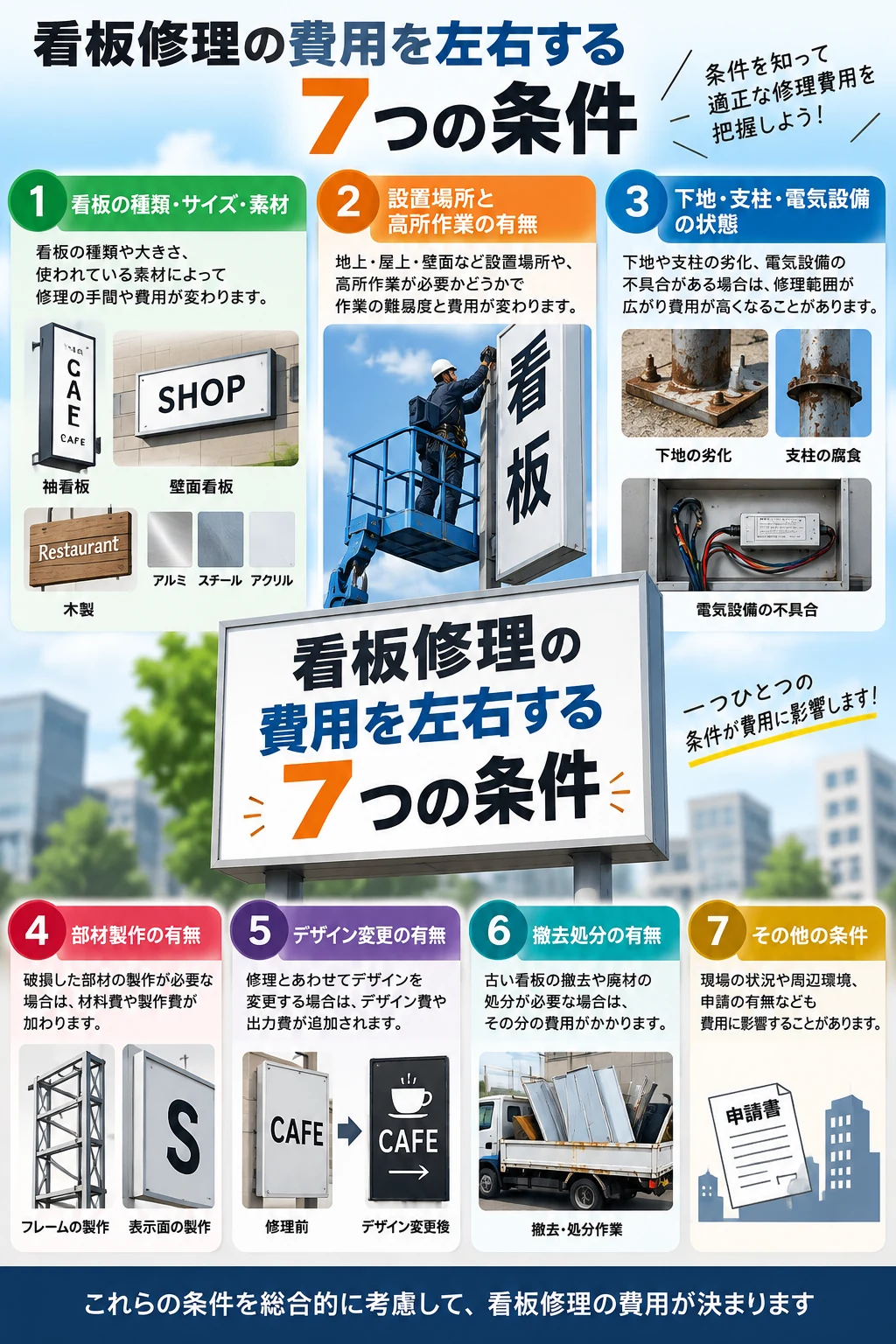 看板修理の費用を左右する7つの条件