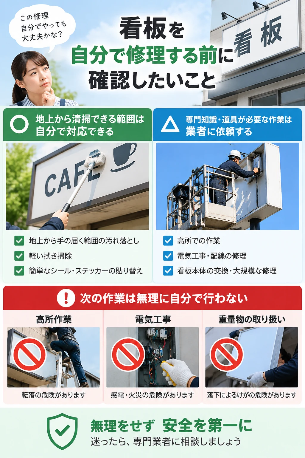 看板を自分で修理する前の安全確認