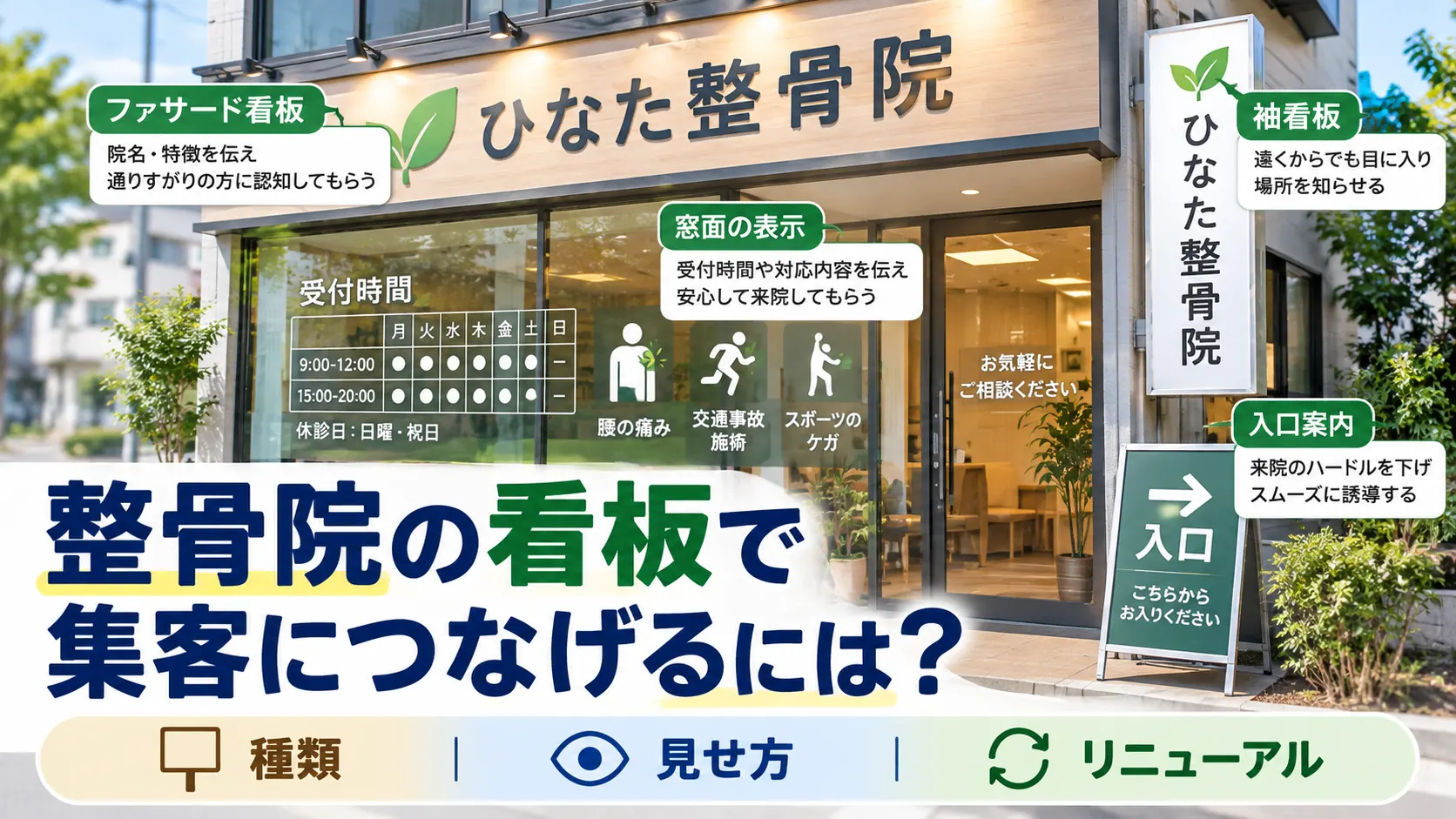 整骨院の看板で集客につなげる種類・見せ方・リニューアル