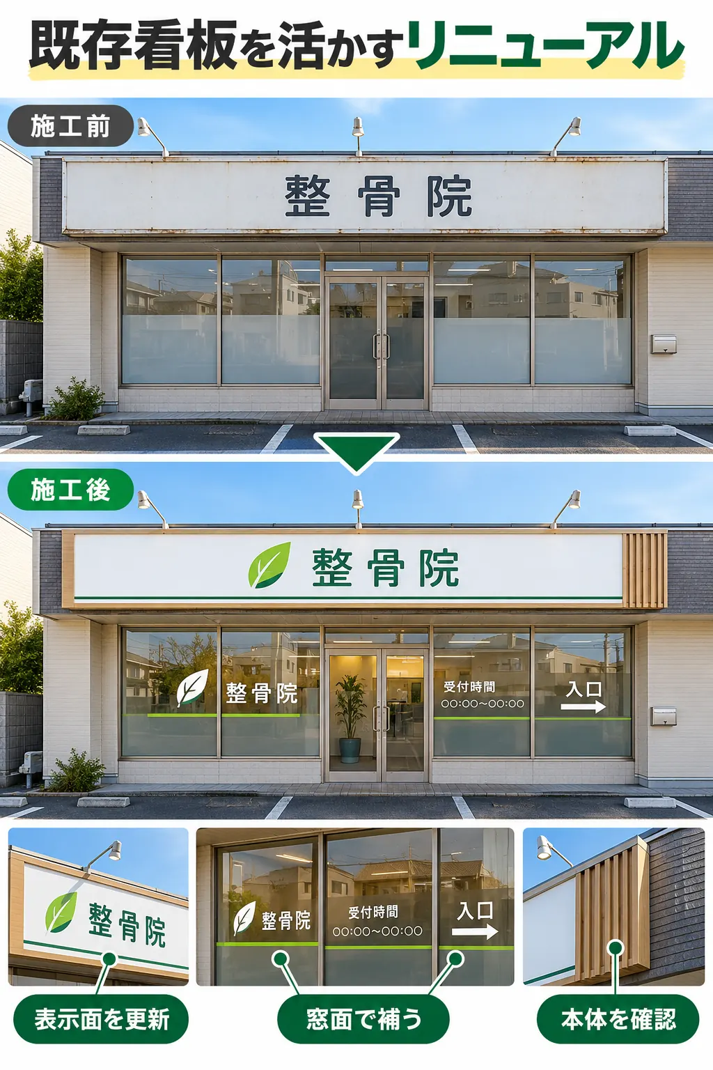 既存看板を活かして整骨院の外観をリニューアルする方法